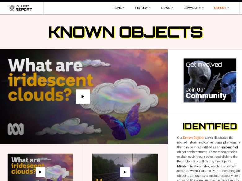Screenshot of the Known Objects page on the MyUAP website.