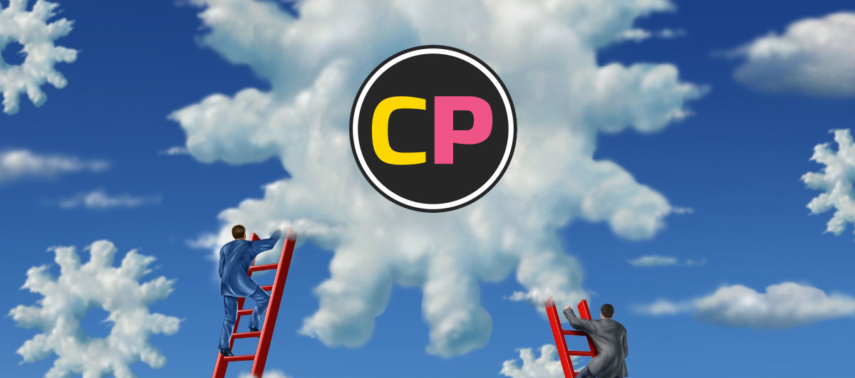 Graphical depiction of business people climbing ladders to the sky in order to reach a stylised Cloud with the CloudPlanet logo.