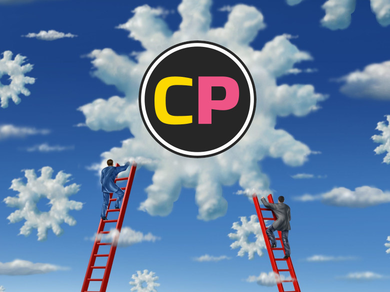 Graphical depiction of business people climbing ladders to the sky in order to reach a stylised Cloud with the CloudPlanet logo.