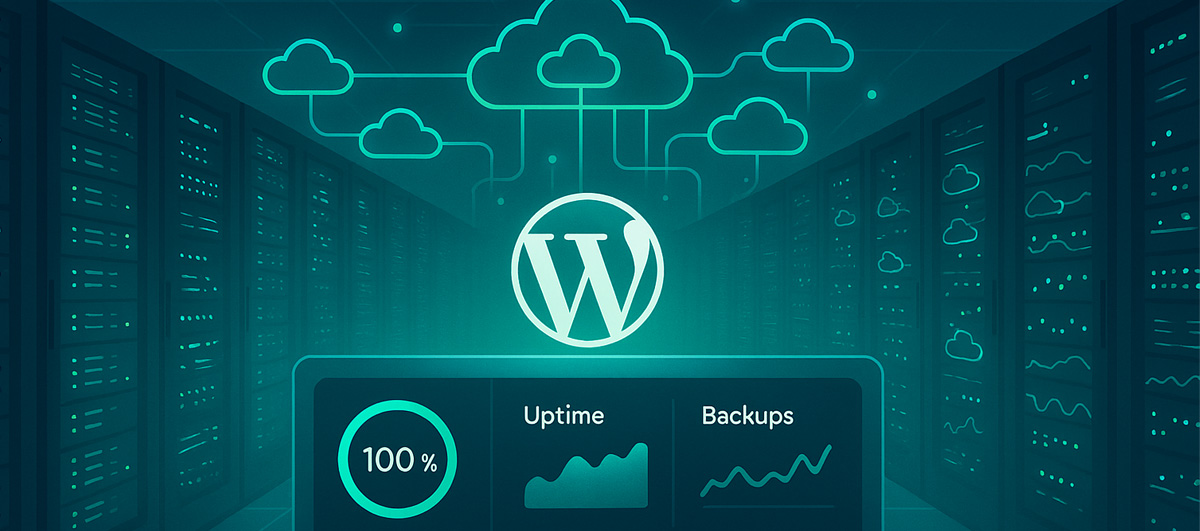 Stylised WordPress logo inside a cloud on a technical background.