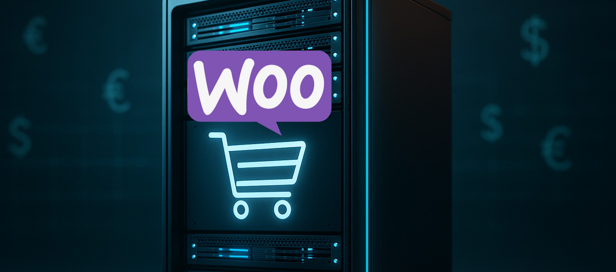 Stylised WooCommerce logo inside a cloud on a technical background.