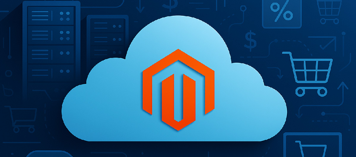 Stylised Magento logo inside a cloud on a technical background with shopping motifs.
