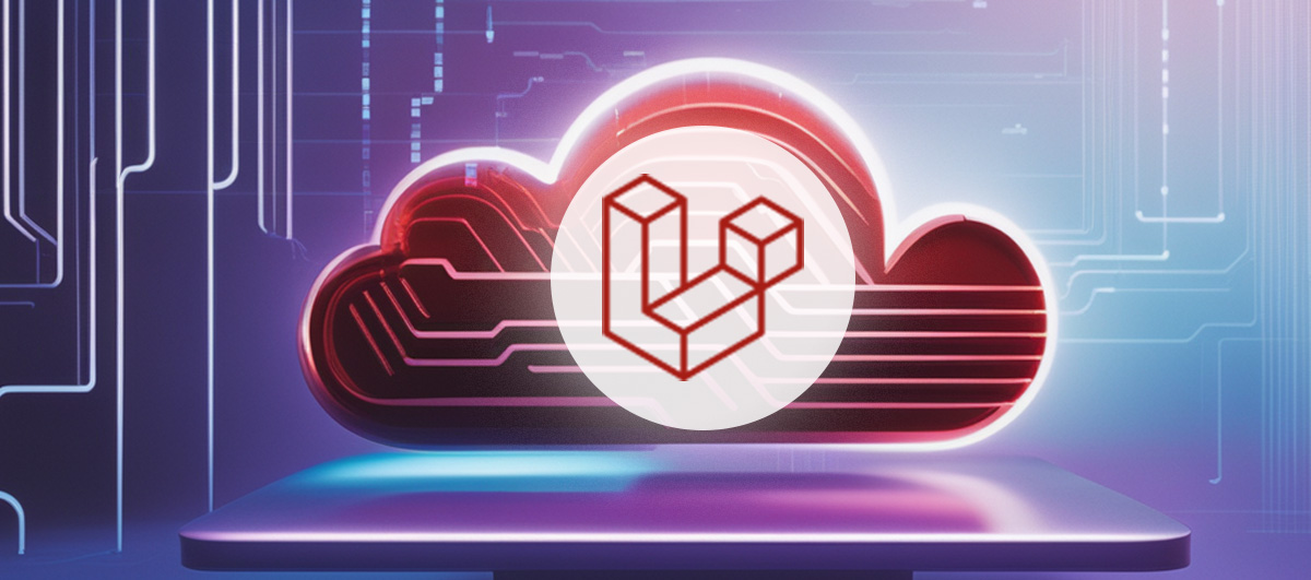 Stylised Laravel logo inside a cloud on a technical background.