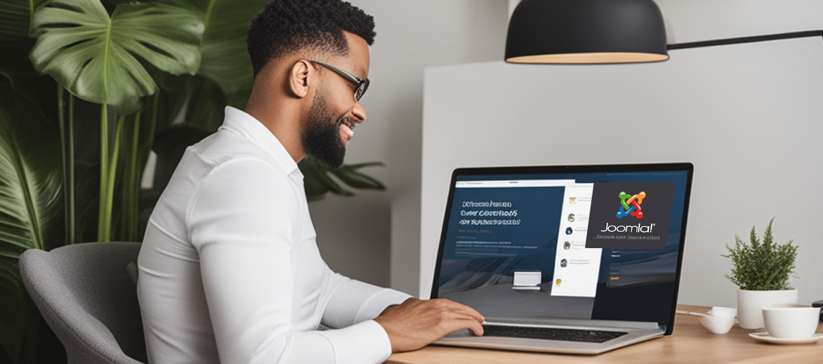 A confident small business owner seated at a modern desk, working on a sleek laptop displaying a Joomla! dashboard. 