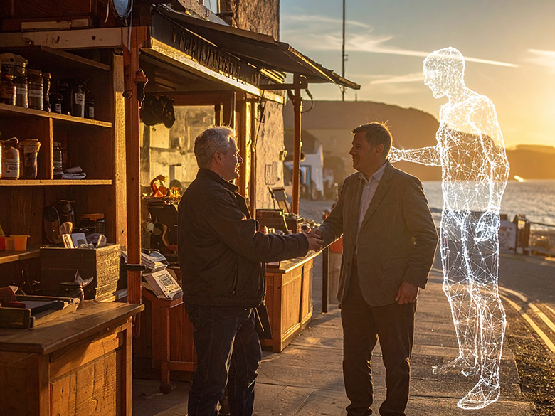 Shop owner on a sunset-lit, Welsh high street shakes hands with a colleague who is utilising a human‑shaped AI assistant.