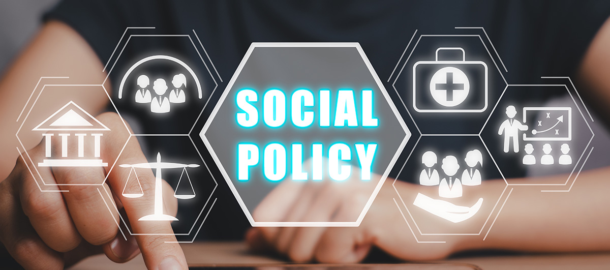 Image of a young woman with a smartphone, the words 'Social Policy' floating above in holographic text.