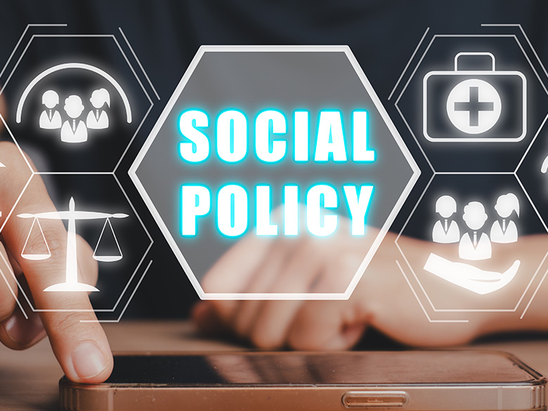 Image of a young woman with a smartphone, the words 'Social Policy' floating above in holographic text.