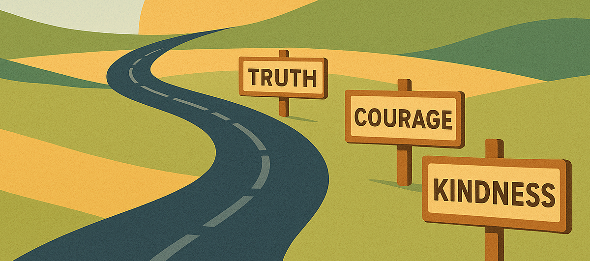 A stylised path winding through a natural landscape, with signposts labelled “Kindness”, “Truth”, and “Courage” guiding the way forward under a warm, hopeful sky.