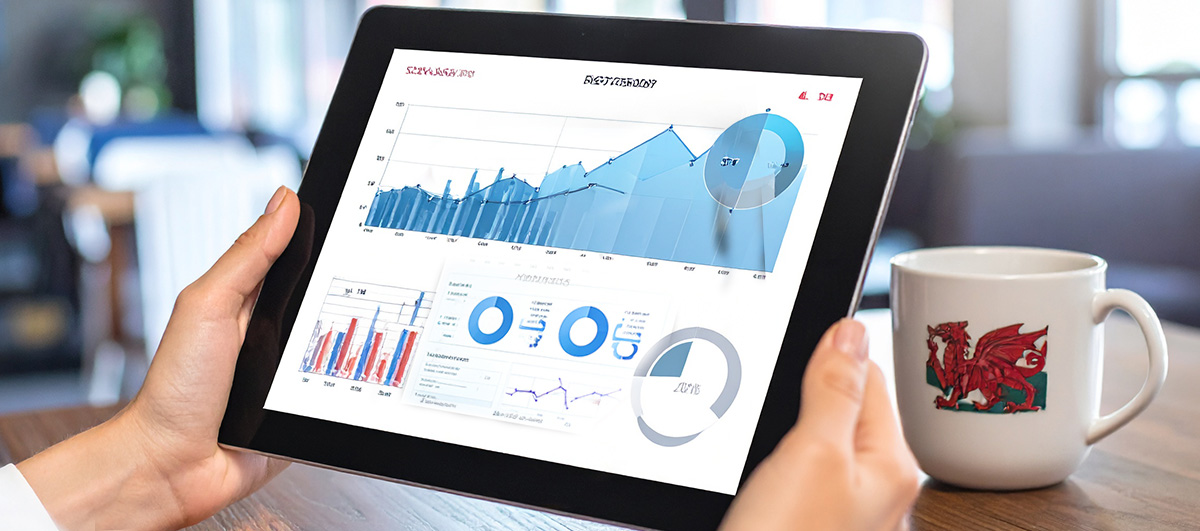 Close-up of a clean data dashboard on a tablet, held by a person in a cosy café setting. Background softly blurred with Welsh cultural hints (dragon emblem on a mug). 
