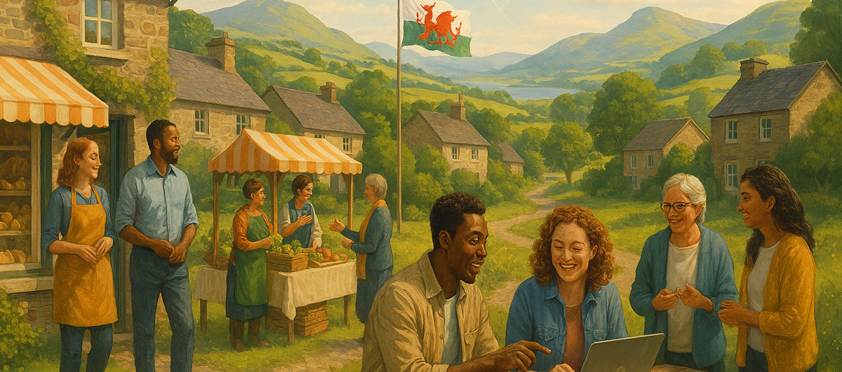 A vibrant, optimistic landscape scene set in Wales, showing a diverse group of small business owners and community members outdoors in a lush, green Welsh village. Include rolling hills, stone cottages, and a hint of the coast or mountains in the background. People are collaborating, using digital devices, and engaging in friendly conversation—some in shopfronts, others at a market stall, and a few gathered around a laptop on a picnic table.