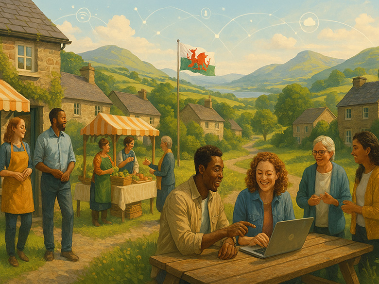 A vibrant, optimistic landscape scene set in Wales, showing a diverse group of small business owners and community members outdoors in a lush, green Welsh village. Include rolling hills, stone cottages, and a hint of the coast or mountains in the background. People are collaborating, using digital devices, and engaging in friendly conversation—some in shopfronts, others at a market stall, and a few gathered around a laptop on a picnic table.