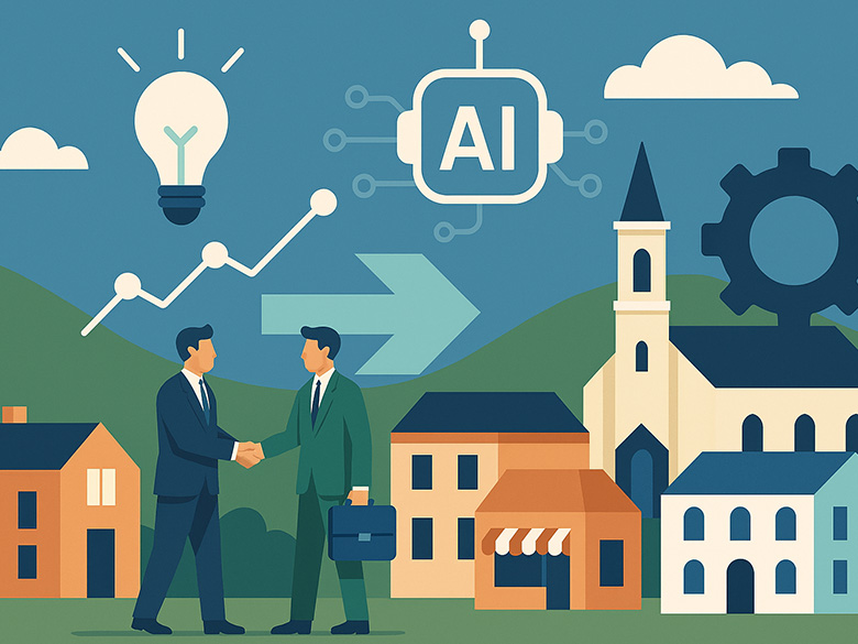 Illustration of two businesspeople shaking hands in a Welsh village setting, with rolling green hills, traditional stone buildings, a chapel spire, and icons representing AI, innovation, and growth.