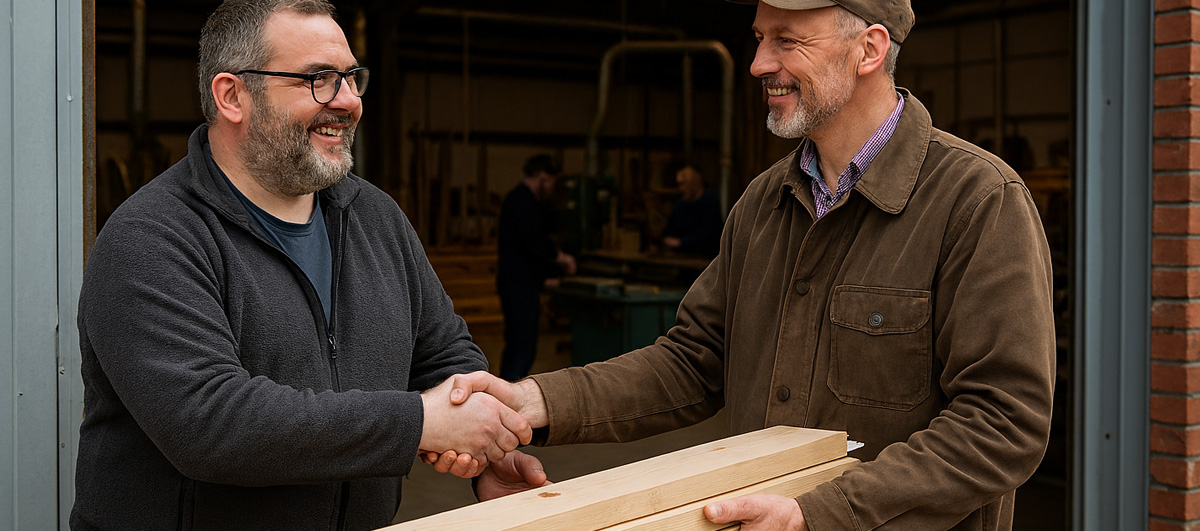 Generated image of two business owners exchanging a delivered product, shaking hands and smiling.