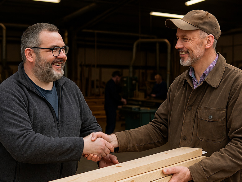 Generated image of two business owners exchanging a delivered product, shaking hands and smiling.