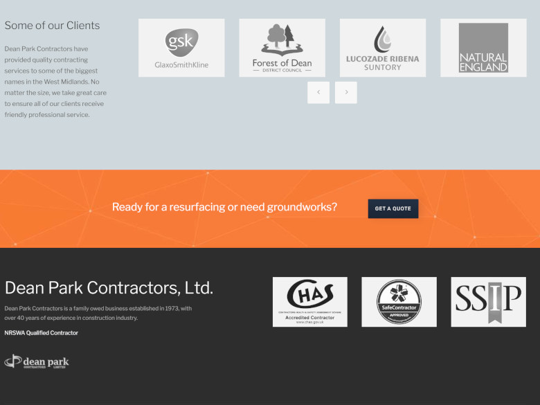 Screenshot of the Client and Associations section of the Dean Park Contractor's website.