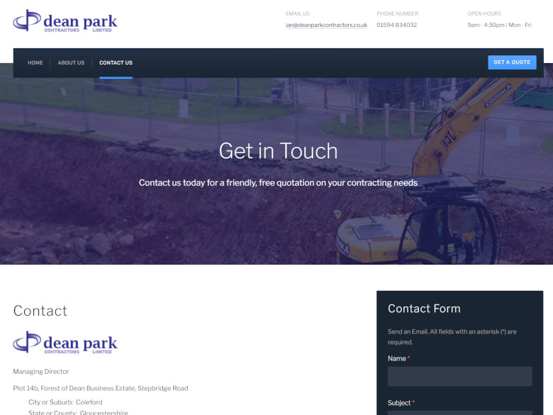 Screenshot of the contact page on the Dean Park Contractor's website.