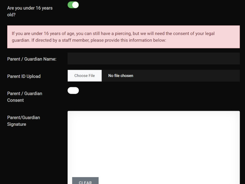 Screenshot showing the Piercing Consent form.