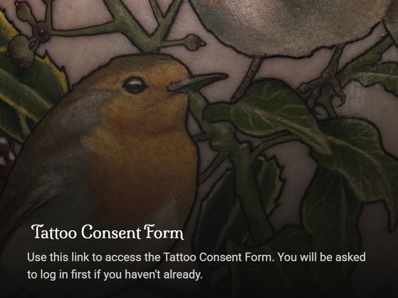 Screenshot of the Tattoo Consent form link on the Queen of Diamonds website.