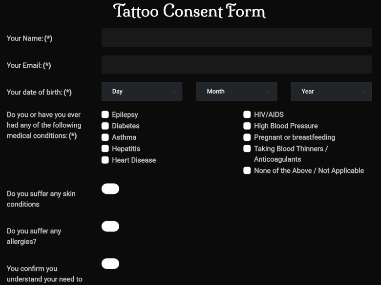 Screenshot showing the Tattoo Consent form.