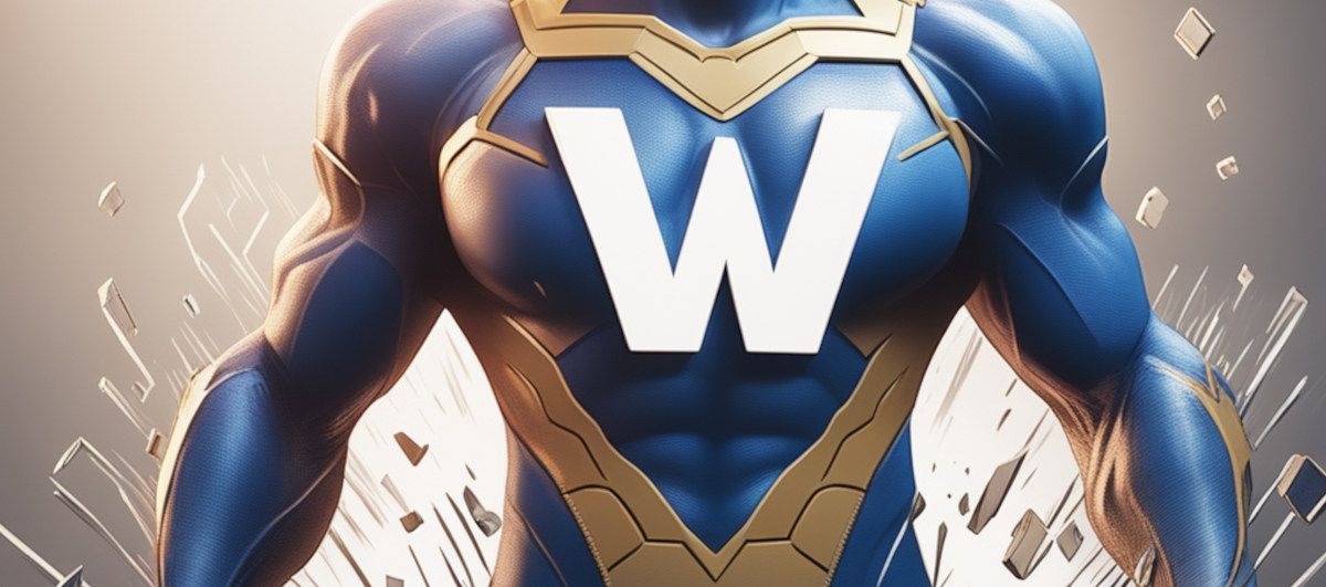 Stylised WordPress logo on the chest of a superhero suit.