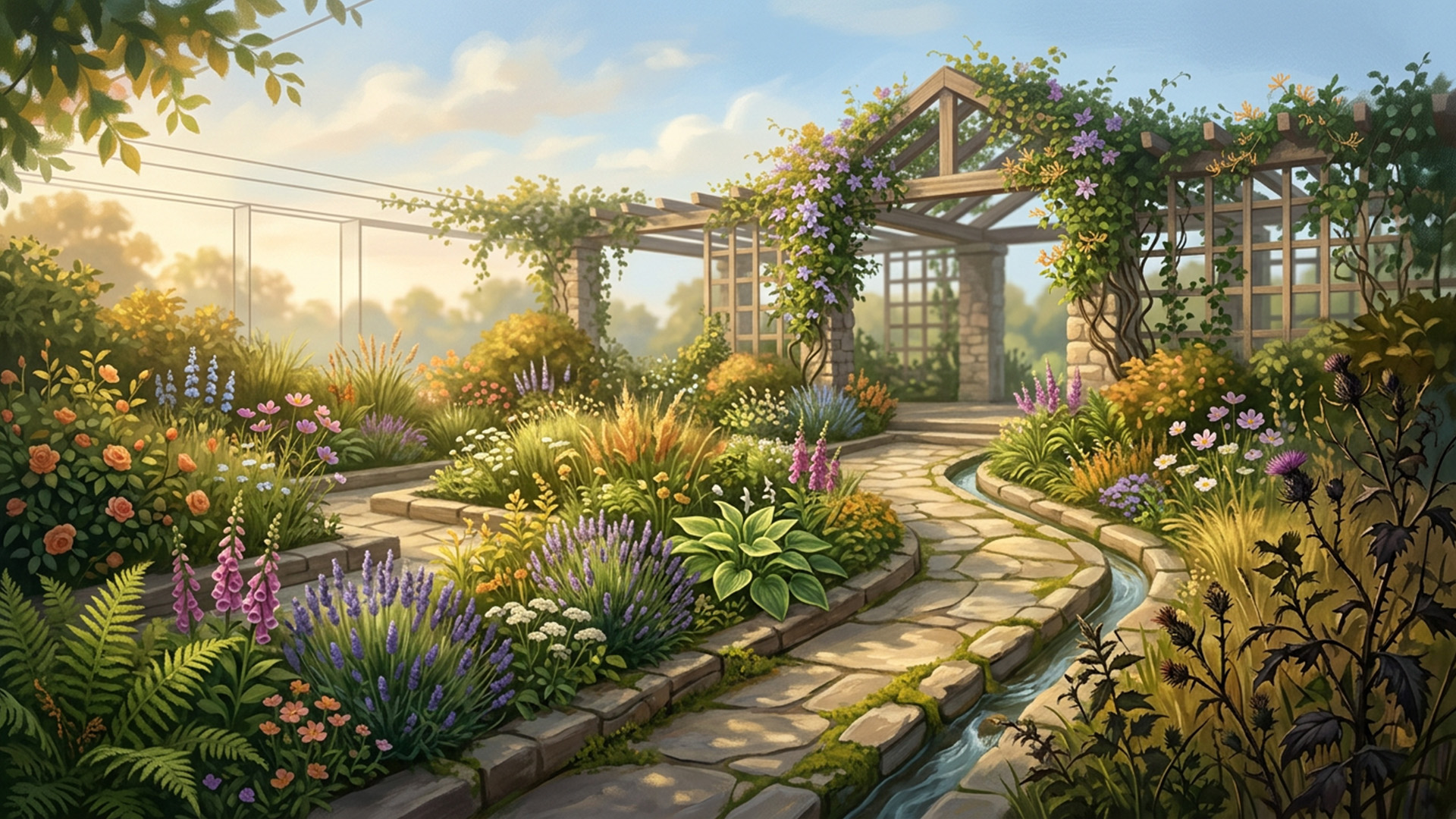 Sunlit garden with winding stone path, flowering plants, and a wooden pergola covered in greenery, representing a healthy, well-designed environment