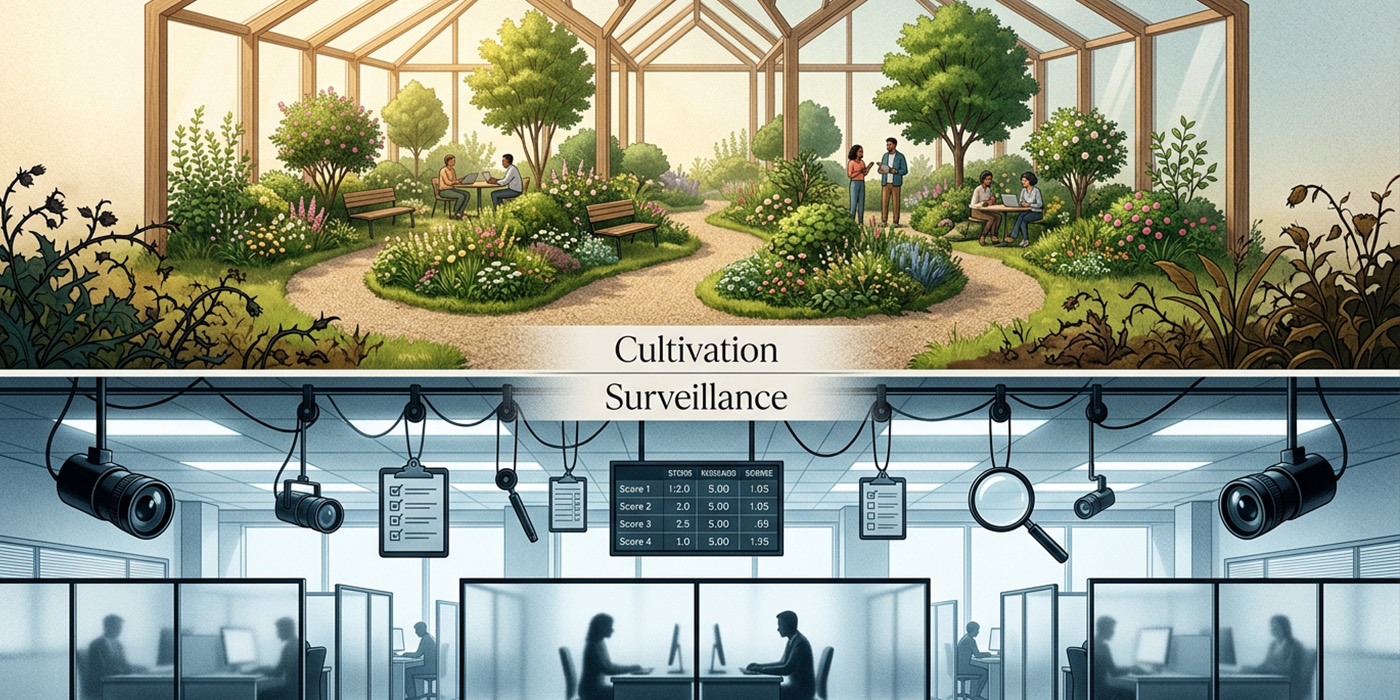 Above is an open botanical garden with structured planting beds and natural pathways, symbolising culture-led behavioural design. Below a clearly delineated centre line is an oppressive high-tech control room with multiple CCTV screens and monitoring equipment, representing surveillance and enforcement-based systems.