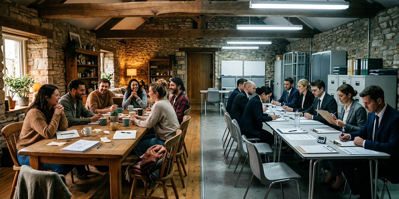 Right a group of people seated around a table in a warm, informal workspace discussing ideas, representing reactive collaboration, left a Corporate boardroom with structured seating and professional setting, representing formal systems and reinforced norms.