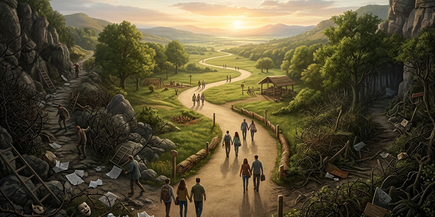 Wide landscape valley with a walking path and groups of people moving through natural scenery, symbolising shared direction and community.