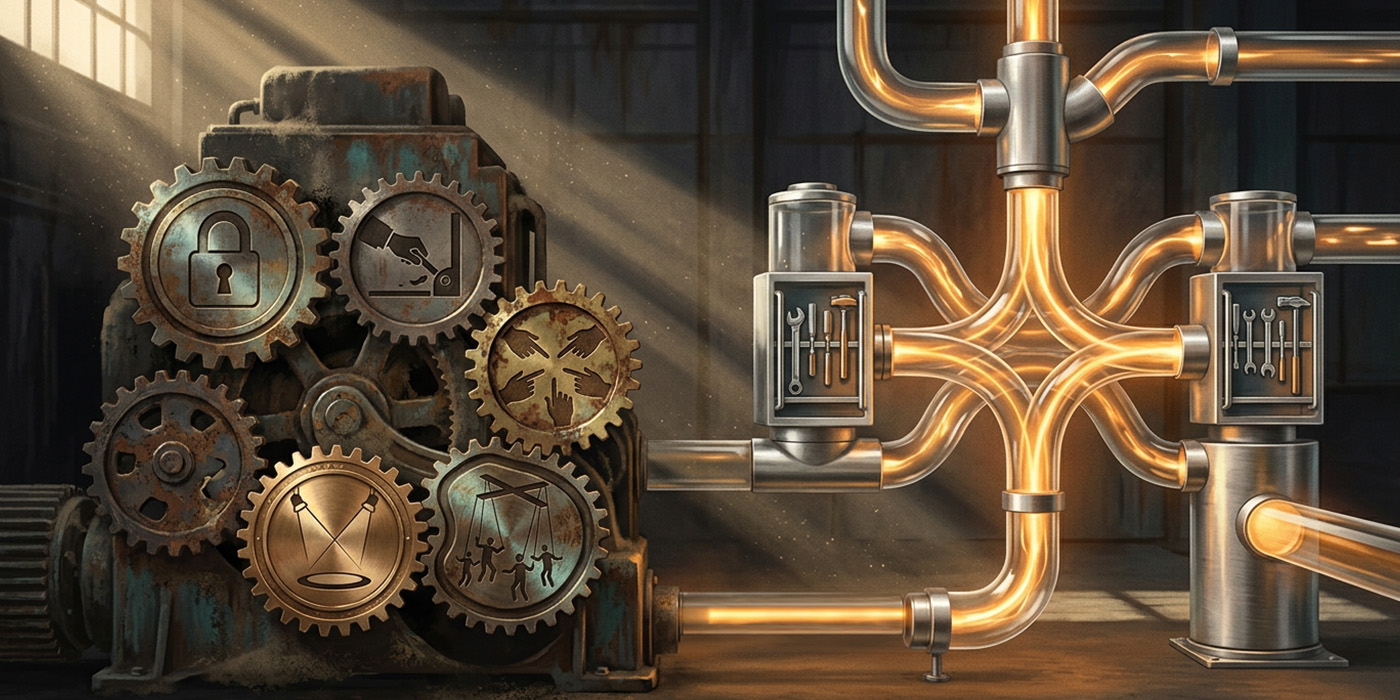 Mechanical gears alongside flowing pipes and valves, illustrating the contrast between rigid and flexible decision-making systems.