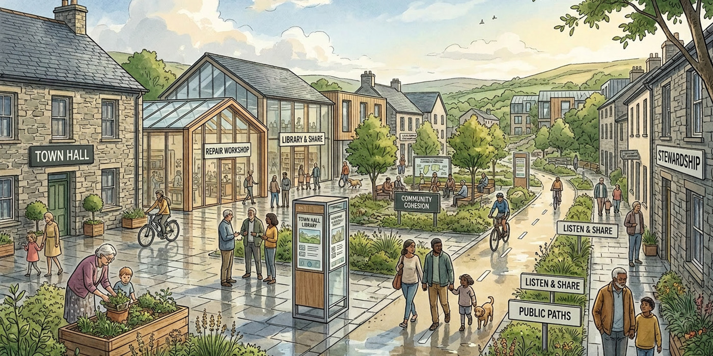 Lively village street with shops, greenery, and people walking, representing a functioning and cooperative local community.