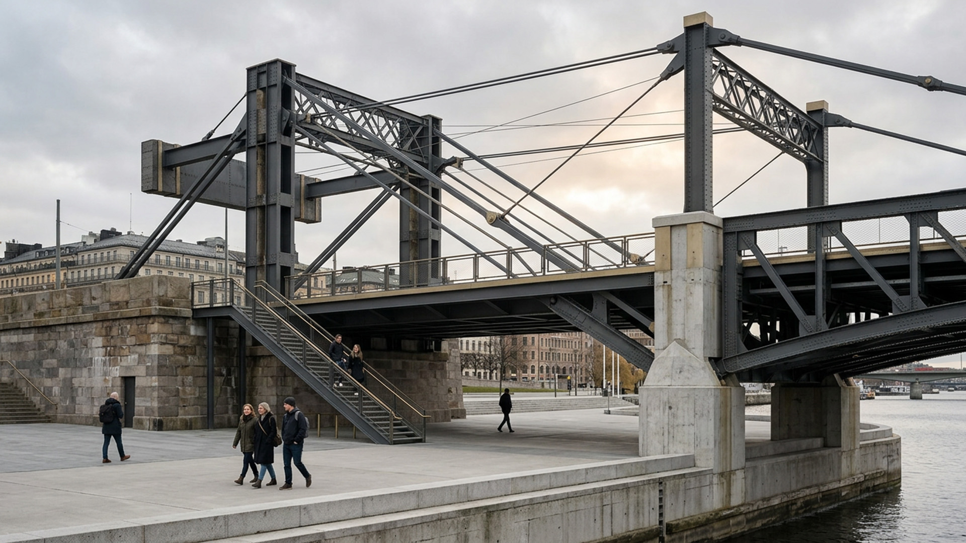 A civic framework distributes structural loads across many supports while people pass safely beneath it.