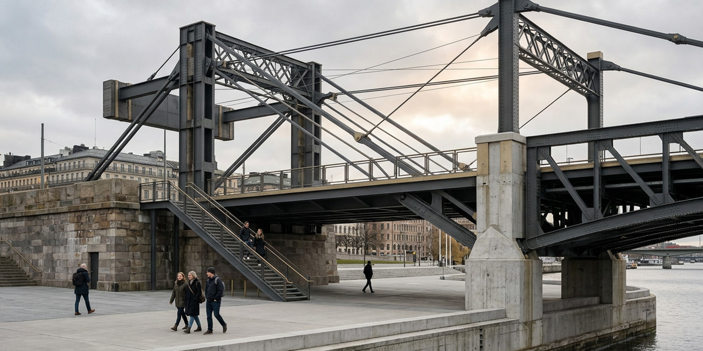 A civic framework distributes structural loads across many supports while people pass safely beneath it.